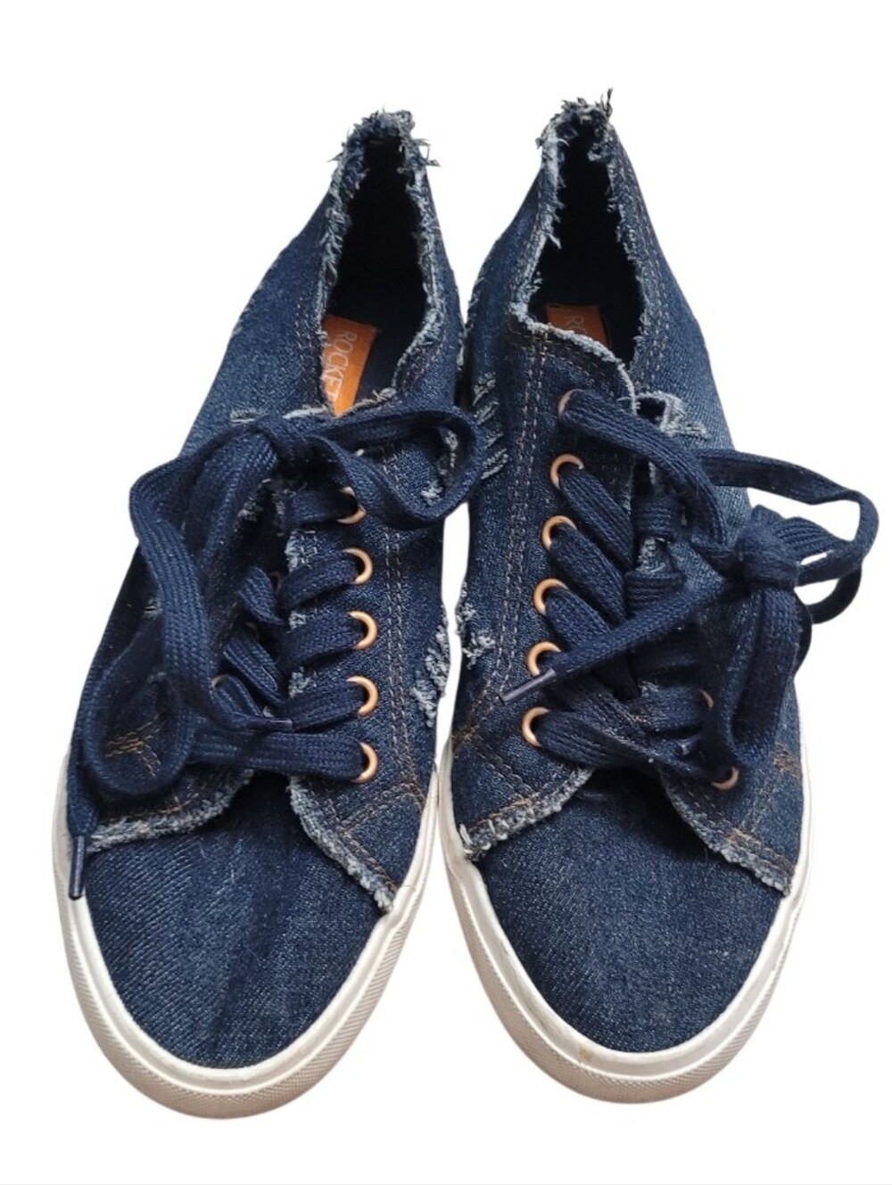 Women's ROCKET DOG Blue Denim Athletic Shoes Size 8.5 Raw Hem Lace Up Logo Jean